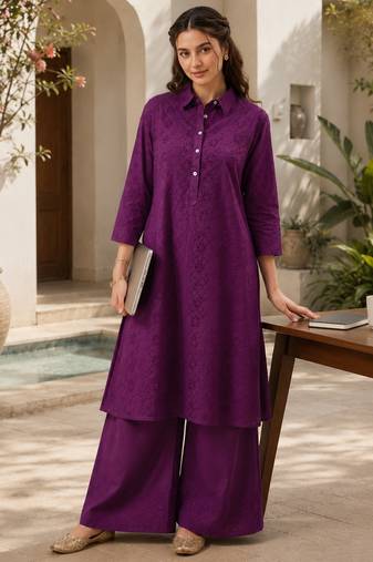 Fashion petals violet cotton schiffli work embroidery  kurta set