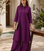 Fashion petals violet cotton schiffli work embroidery  kurta set