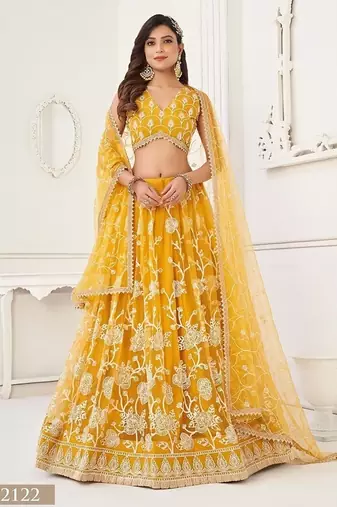 Mustard Net Embroidered & Thread Work Semi Stitched Lehenga Choli