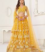 Mustard Net Embroidered & Thread Work Semi Stitched Lehenga Choli