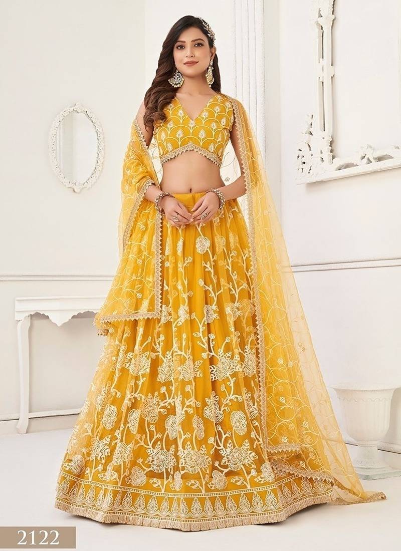 Mustard Net Embroidered & Thread Work Semi Stitched Lehenga Choli