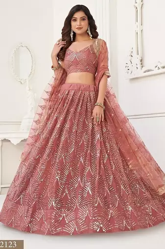 Onion Net Embroidered & Thread Work Semi Stitched Lehenga Choli