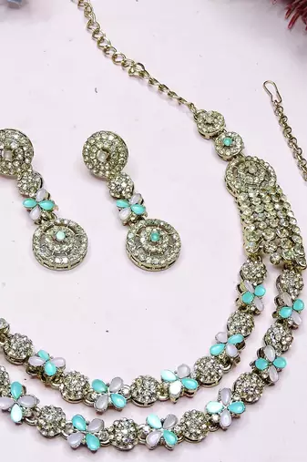 Green yellow gold premium designer american diamond and stone work necklace set