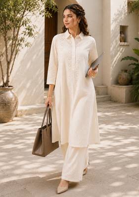 Fashion petals off-white cotton schiffli work embroidery  kurta set 3