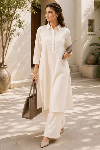 Fashion petals off-white cotton schiffli work embroidery  kurta set