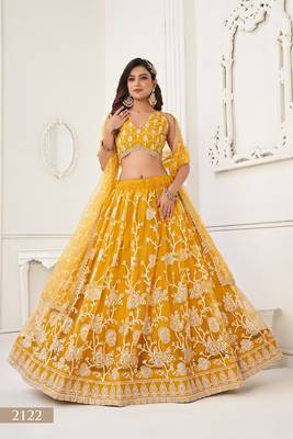 Mustard Net Embroidered & Thread Work Semi Stitched Lehenga Choli 2