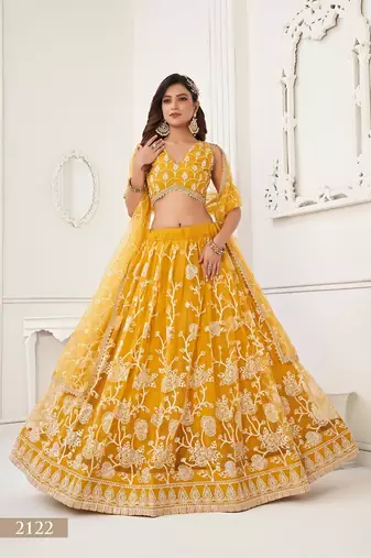 Mustard Net Embroidered & Thread Work Semi Stitched Lehenga Choli