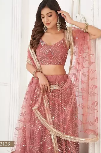 Onion Net Embroidered & Thread Work Semi Stitched Lehenga Choli