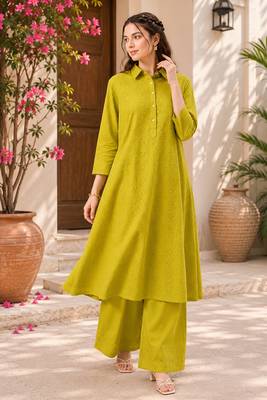 Fashion petals lime green cotton schiffli work embroidery  kurta set 2