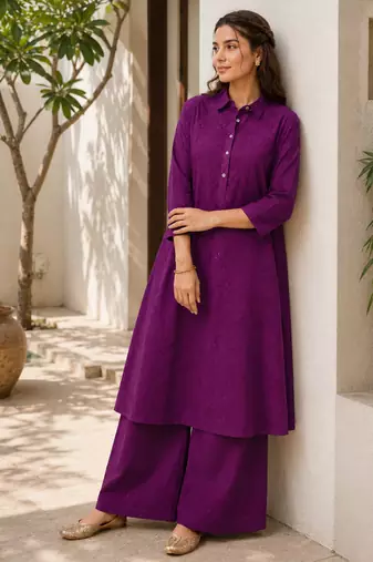 Fashion petals violet cotton schiffli work embroidery  kurta set