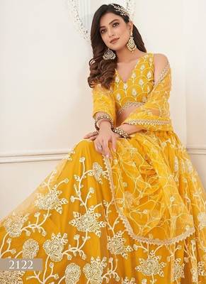 Mustard Net Embroidered & Thread Work Semi Stitched Lehenga Choli 3