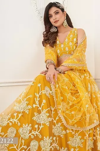 Mustard Net Embroidered & Thread Work Semi Stitched Lehenga Choli