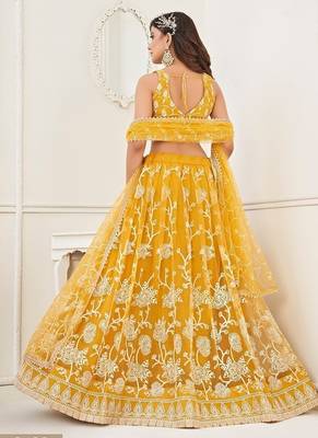 Mustard Net Embroidered & Thread Work Semi Stitched Lehenga Choli 4