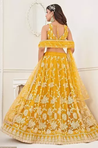 Mustard Net Embroidered & Thread Work Semi Stitched Lehenga Choli