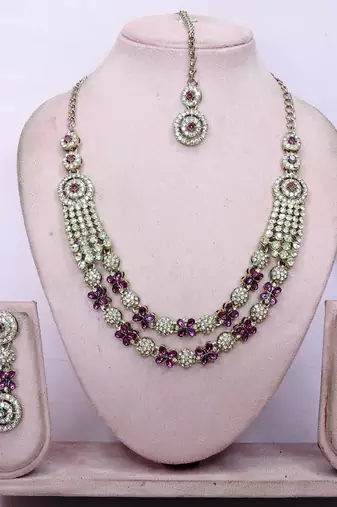 Purple yellow gold premium designer american diamond and stone work necklace set