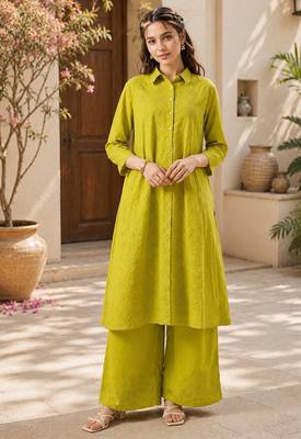 Fashion petals lime green cotton schiffli work embroidery  kurta set 3