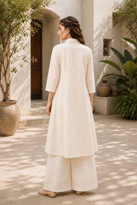 Fashion petals off-white cotton schiffli work embroidery  kurta set 4