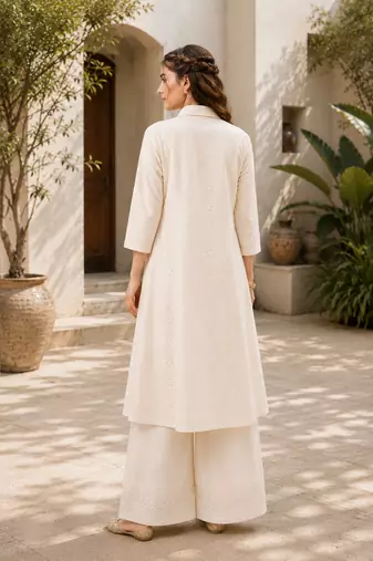 Fashion petals off-white cotton schiffli work embroidery  kurta set