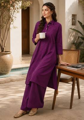 Fashion petals violet cotton schiffli work embroidery  kurta set 3