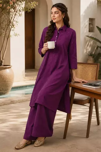 Fashion petals violet cotton schiffli work embroidery  kurta set