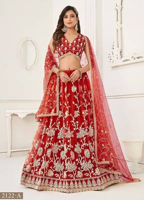 Red Net Embroidered & Thread Work Semi Stitched Lehenga Choli 1