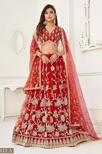 Red Net Embroidered & Thread Work Semi Stitched Lehenga Choli