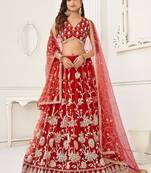 Red Net Embroidered & Thread Work Semi Stitched Lehenga Choli