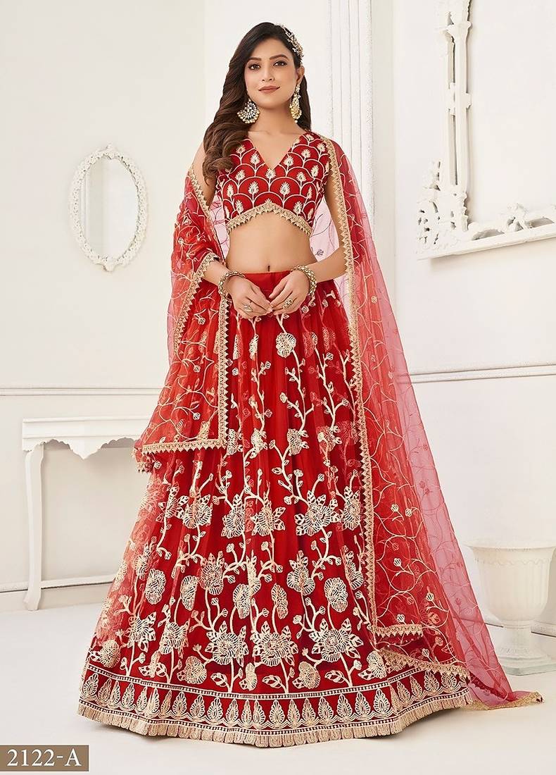 Red Net Embroidered & Thread Work Semi Stitched Lehenga Choli