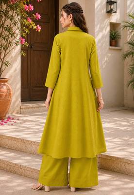 Fashion petals lime green cotton schiffli work embroidery  kurta set 4