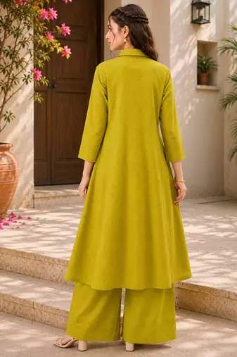 Fashion petals lime green cotton schiffli work embroidery  kurta set