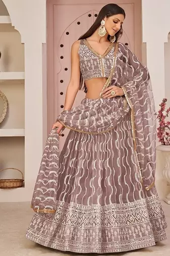 Onion Net Embroidered & Zari Work Semi Stitched Lehenga Choli