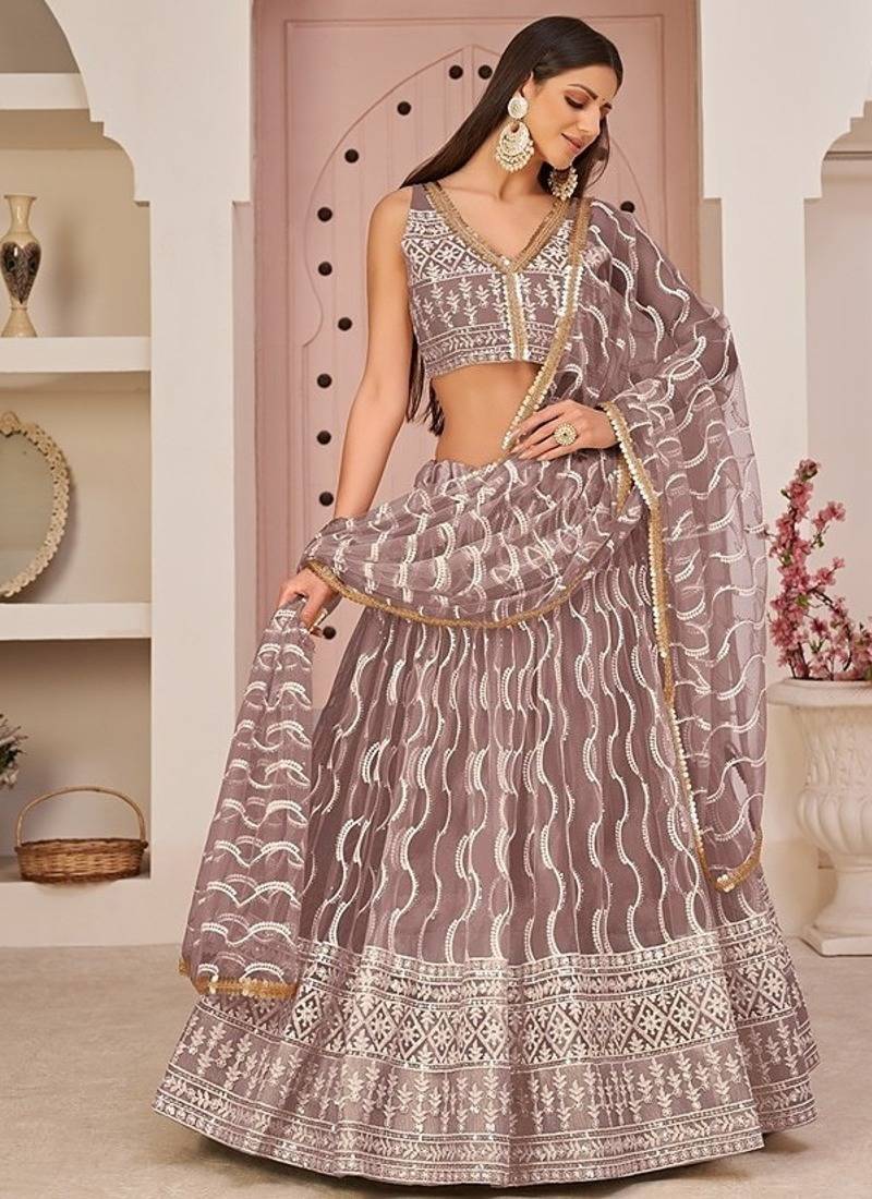 Onion Net Embroidered & Zari Work Semi Stitched Lehenga Choli