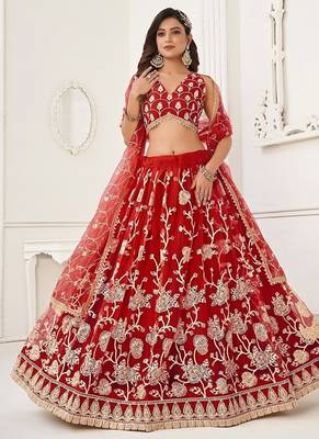 Red Net Embroidered & Thread Work Semi Stitched Lehenga Choli 2