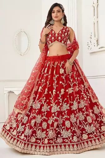 Red Net Embroidered & Thread Work Semi Stitched Lehenga Choli