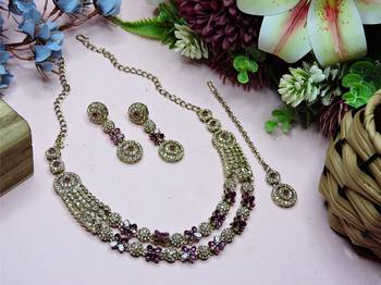Purple yellow gold premium designer american diamond and stone work necklace set 2