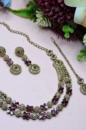 Purple yellow gold premium designer american diamond and stone work necklace set
