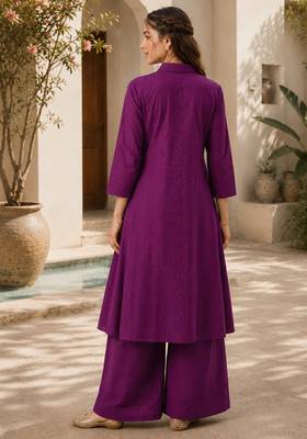 Fashion petals violet cotton schiffli work embroidery  kurta set 4