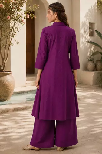 Fashion petals violet cotton schiffli work embroidery  kurta set