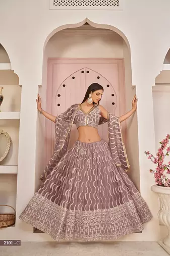 Onion Net Embroidered & Zari Work Semi Stitched Lehenga Choli
