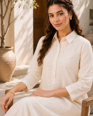 Fashion petals off-white cotton schiffli work embroidery  kurta set 5