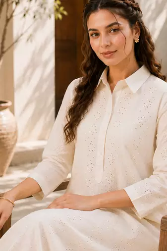 Fashion petals off-white cotton schiffli work embroidery  kurta set