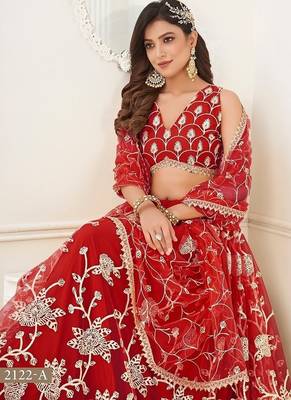 Red Net Embroidered & Thread Work Semi Stitched Lehenga Choli 3