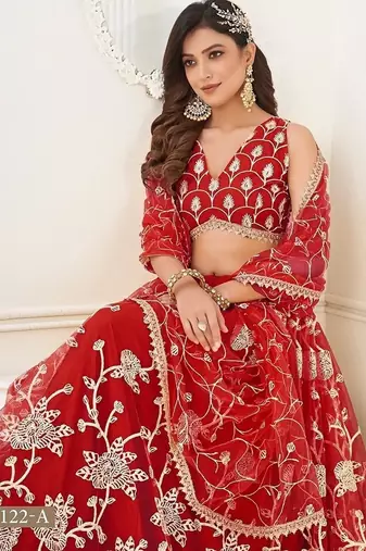 Red Net Embroidered & Thread Work Semi Stitched Lehenga Choli