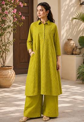 Fashion petals lime green cotton schiffli work embroidery  kurta set 5