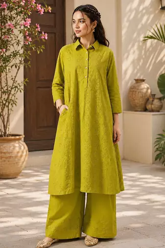 Fashion petals lime green cotton schiffli work embroidery  kurta set