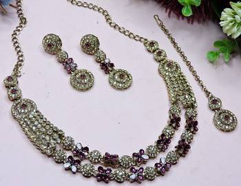Purple yellow gold premium designer american diamond and stone work necklace set 3