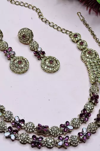 Purple yellow gold premium designer american diamond and stone work necklace set