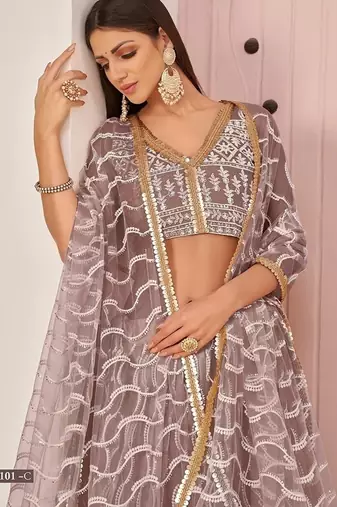 Onion Net Embroidered & Zari Work Semi Stitched Lehenga Choli