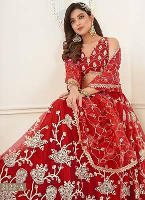 Red Net Embroidered & Thread Work Semi Stitched Lehenga Choli 4