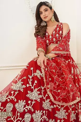 Red Net Embroidered & Thread Work Semi Stitched Lehenga Choli